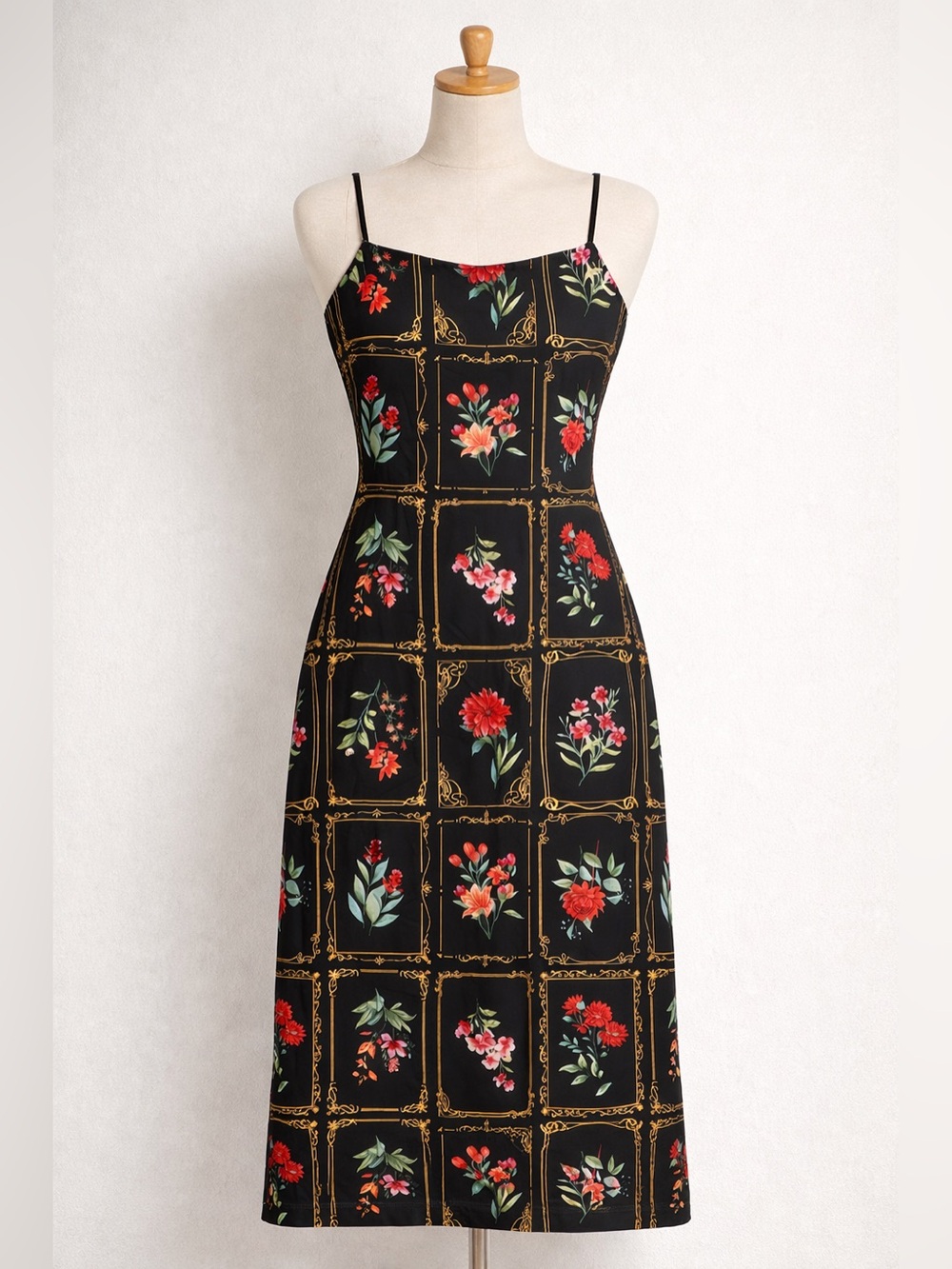 Black Floral Square-Print Midi Slip Dress